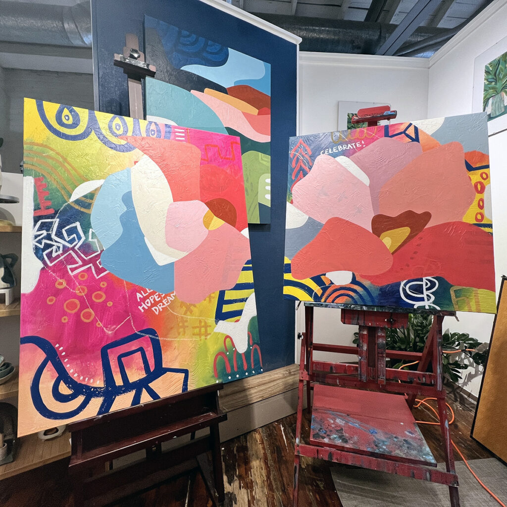 Abstract paintings in progress inside Adriana Ameigh's studio