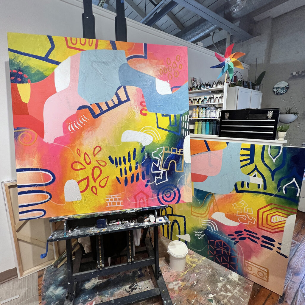 Abstract paintings in progress inside Adriana Ameigh's studio